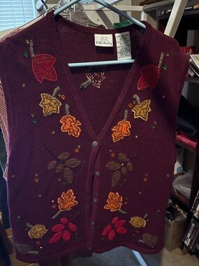 Bobbie Brooks Burgundy V-Neck Embroidered Leaf Sweater Vest